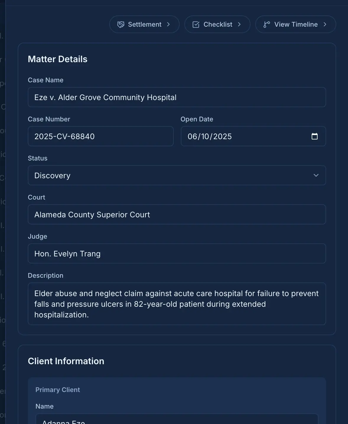 Matter detail: case name, status, court, client, parties, and counsel in one view